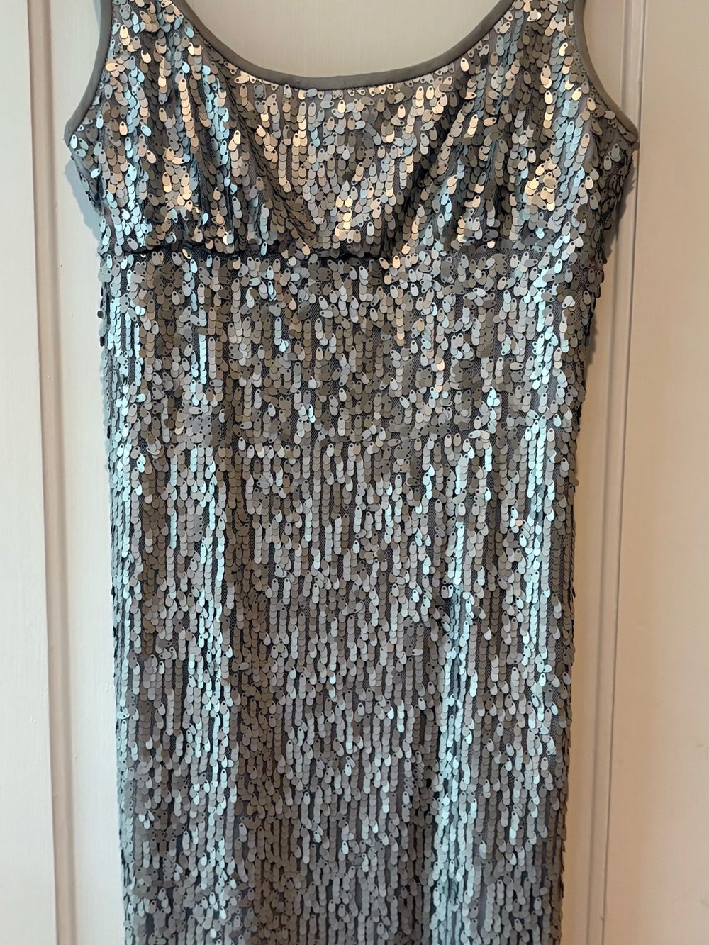 Suzi Chin Silver Sequin Strapless Evening Dress